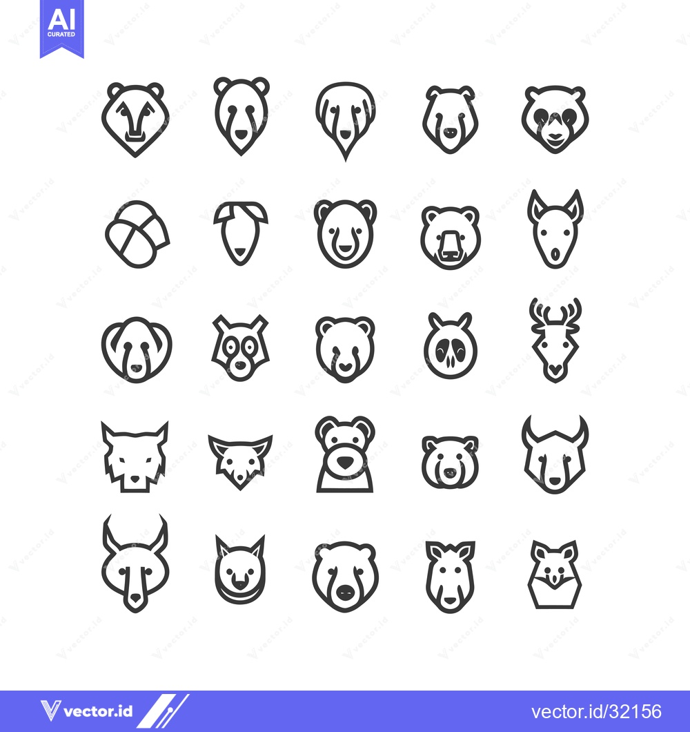 Premium Vector dari Collection of 25 Minimalist Animal Head Icons in Black Outline Style