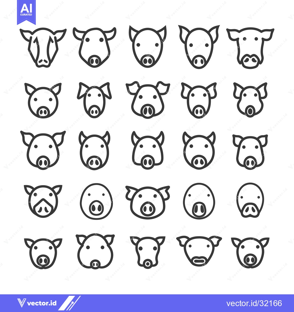 Premium Vector dari Collection of 25 Pig Face Outline Icons in Black and White