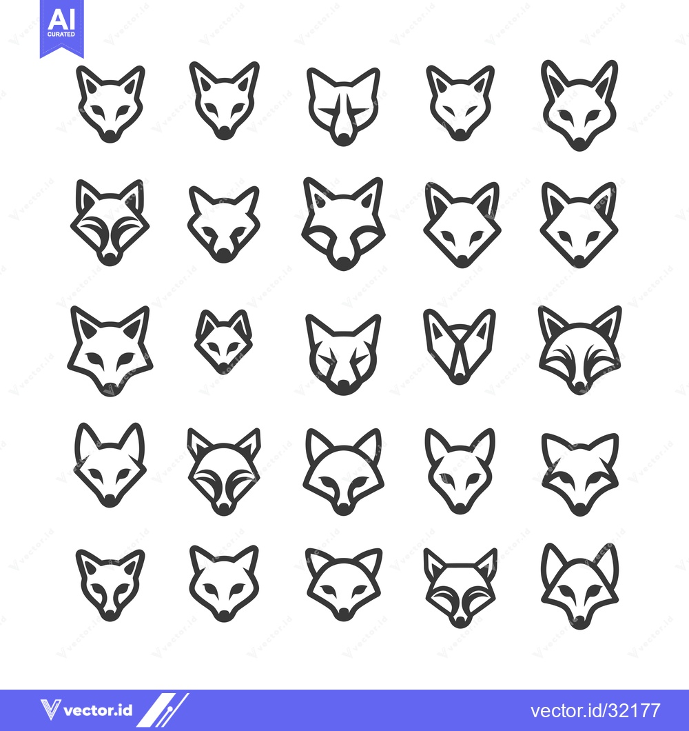 Premium Vector dari Collection of 25 Stylized Fox Head Icons in Black Outline