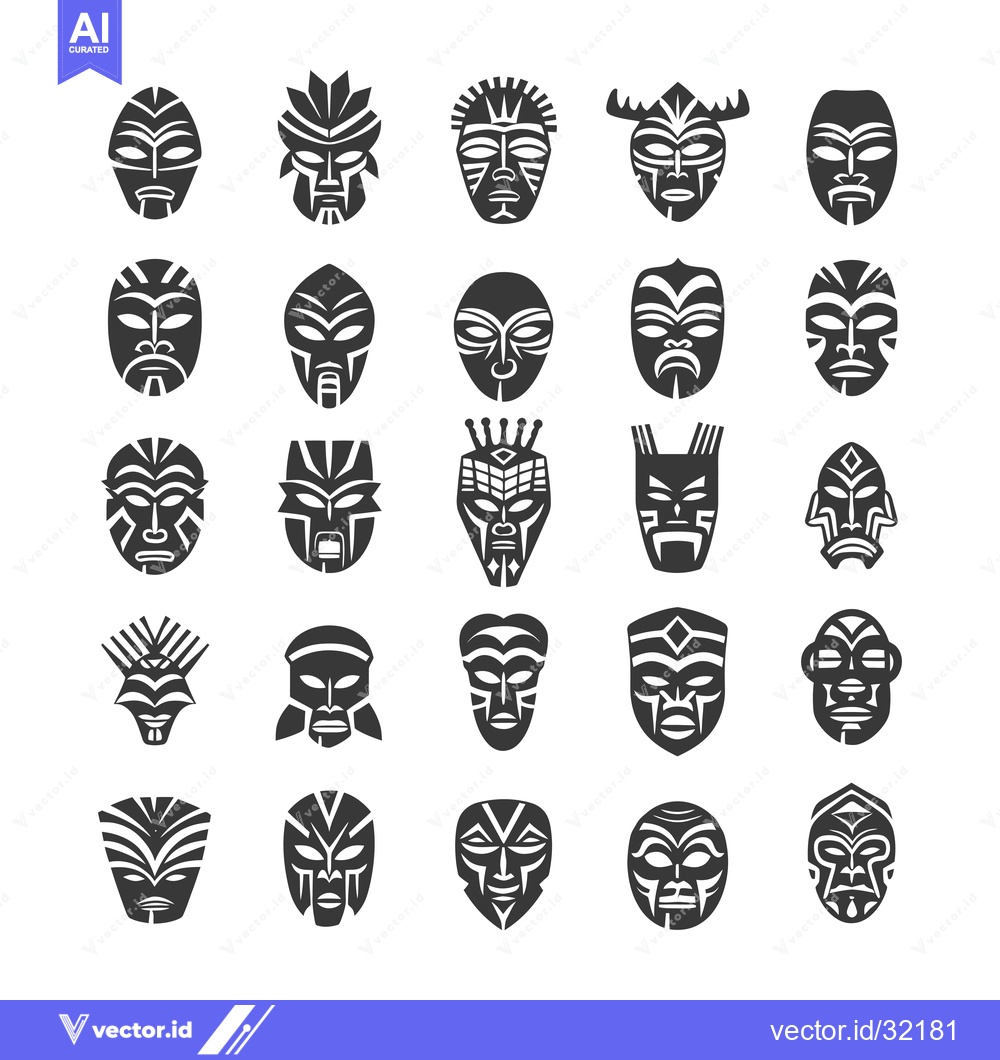Premium Vector dari Collection of 25 Tribal Masks with Geometric Patterns