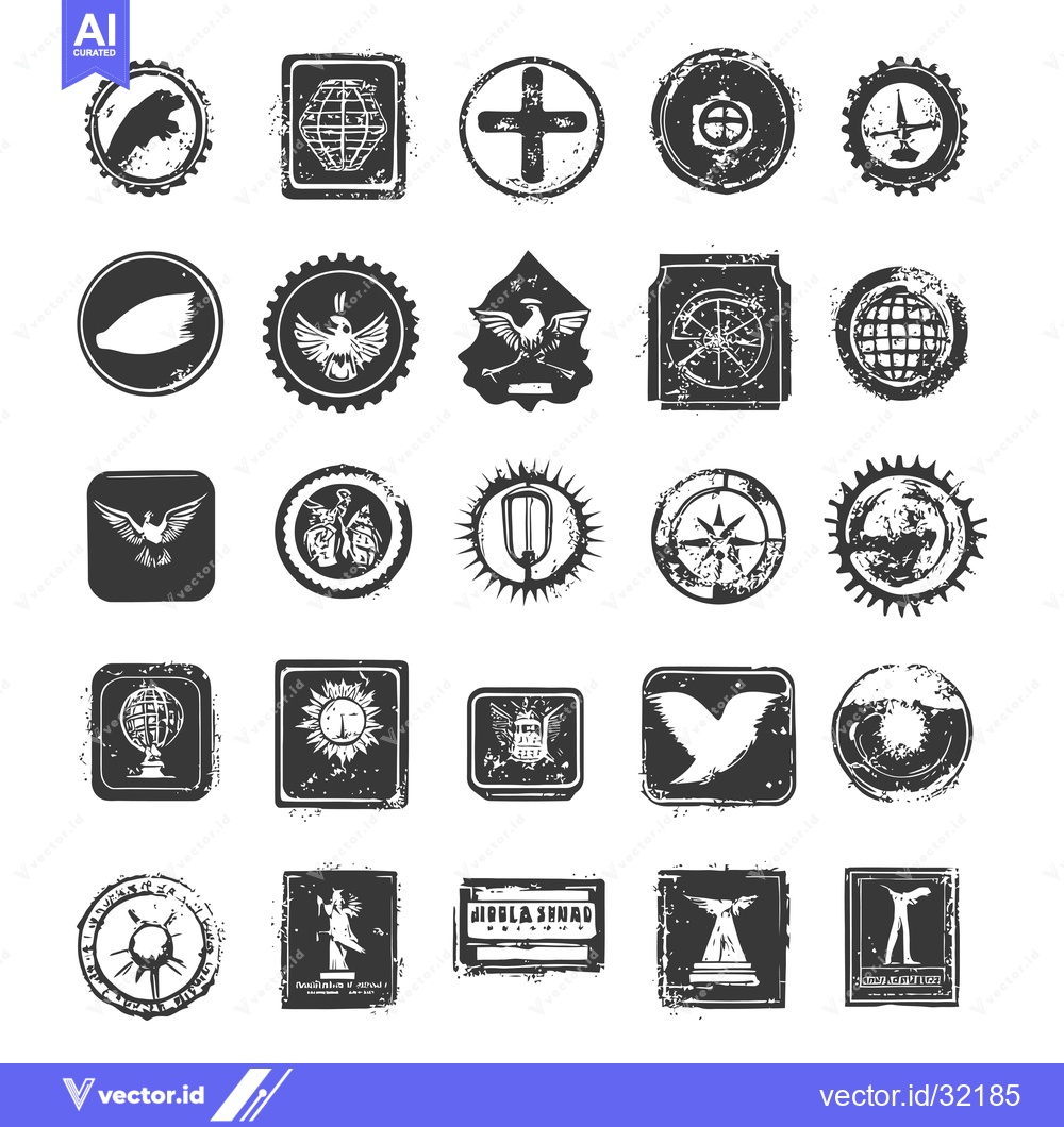 Premium Vector of Collection of 25 Vintage Black and White Stamps with Various Symbols