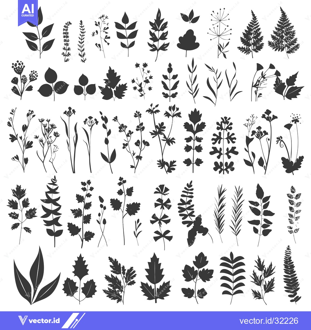 Premium Vector dari Collection of 48 Black and White Silhouettes of Various Plants and Her