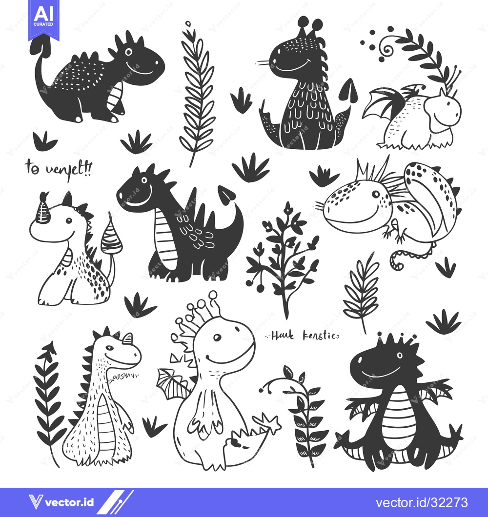Premium Vector dari Collection of Adorable Hand-Drawn Black and White Dragons with Floral