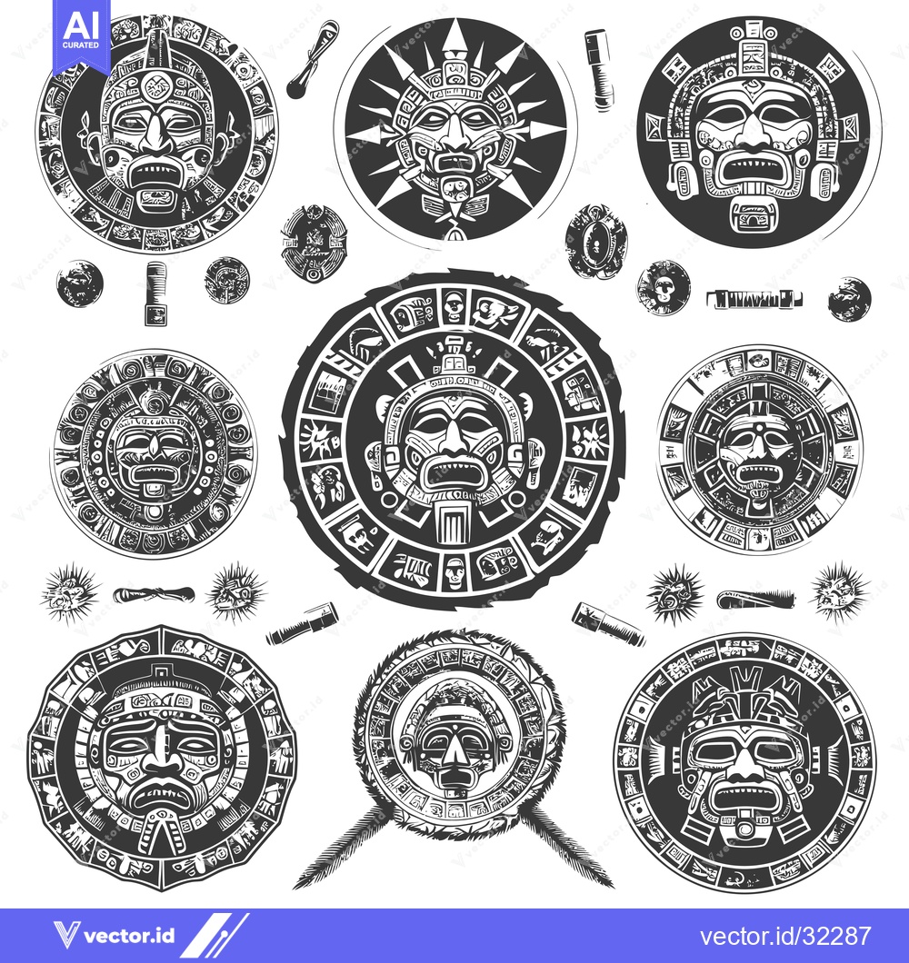 Premium Vector of Collection of Ancient Aztec and Mayan Masks and Calendar Symbols