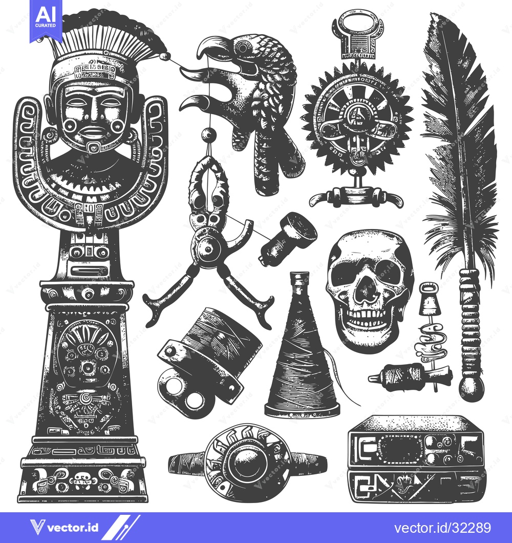 Premium Vector dari Collection of Ancient Aztec and Mayan Style Symbols and Objects