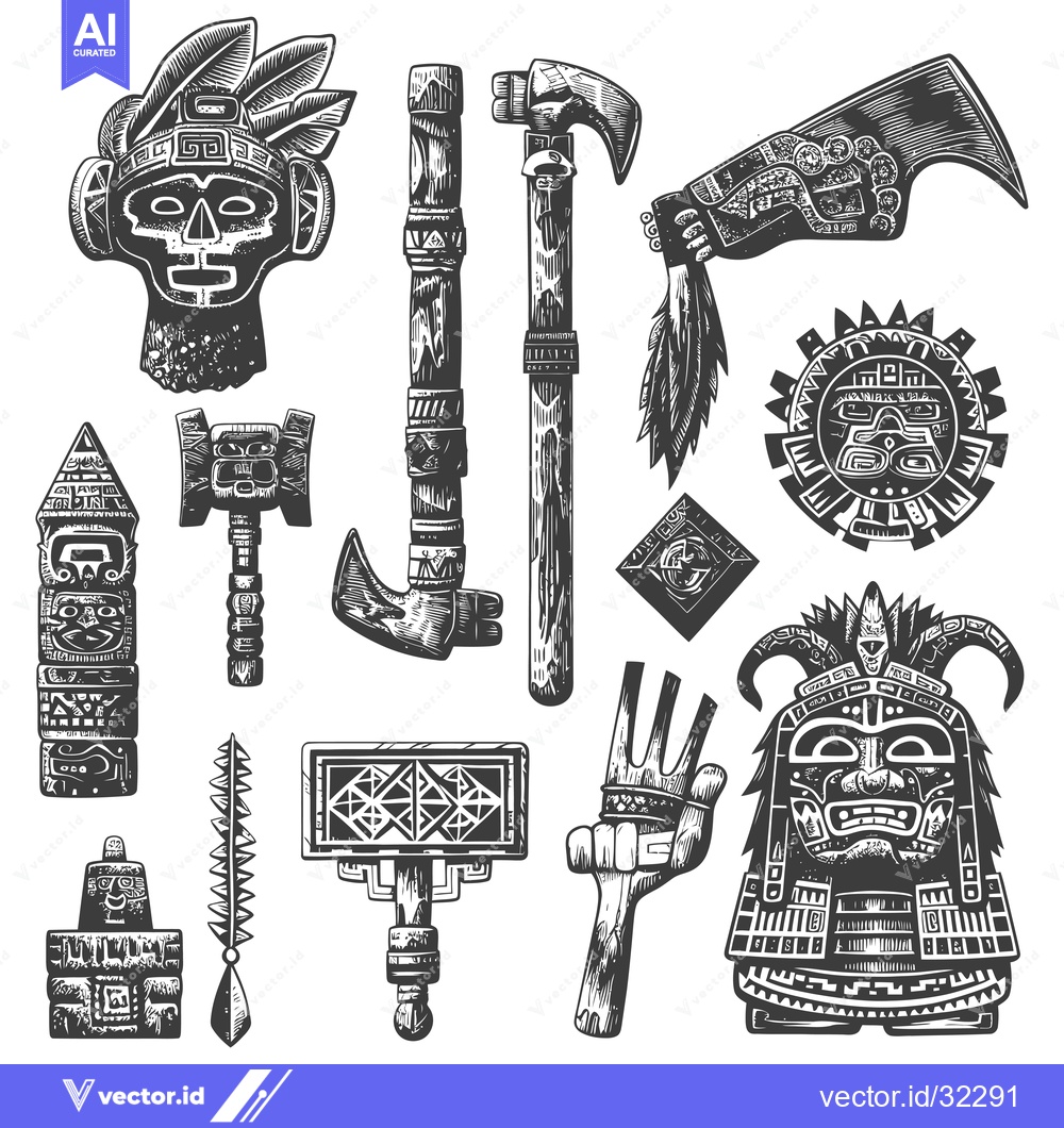 Premium Vector dari Collection of Ancient Aztec and Mayan Tribal Artifacts and Weapons