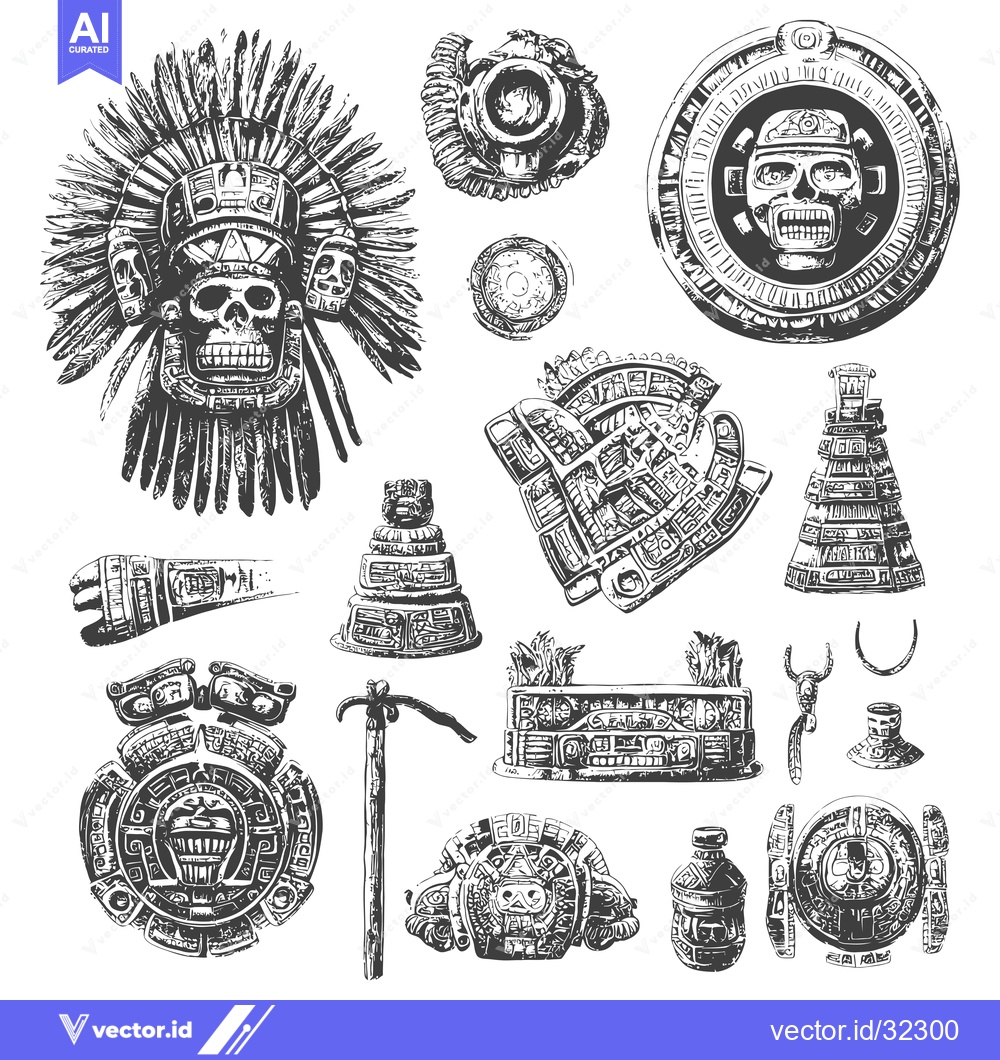 Premium Vector dari Collection of Ancient Mayan and Aztec Artifacts and Symbols