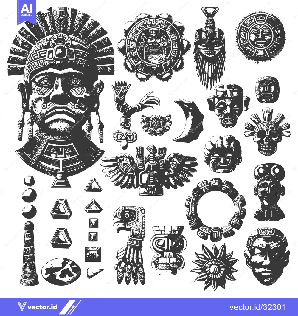 Premium Vector dari Collection of Ancient Mayan and Aztec Symbols and Statues