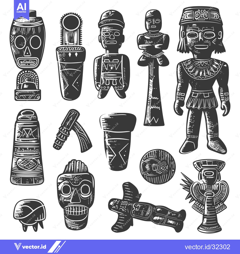 Premium Vector of Collection of Ancient Mayan Artifacts and Idols