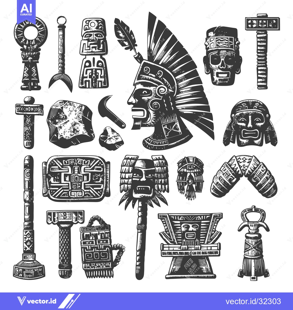 Premium Vector dari Collection of Ancient Mayan Artifacts and Religious Symbols