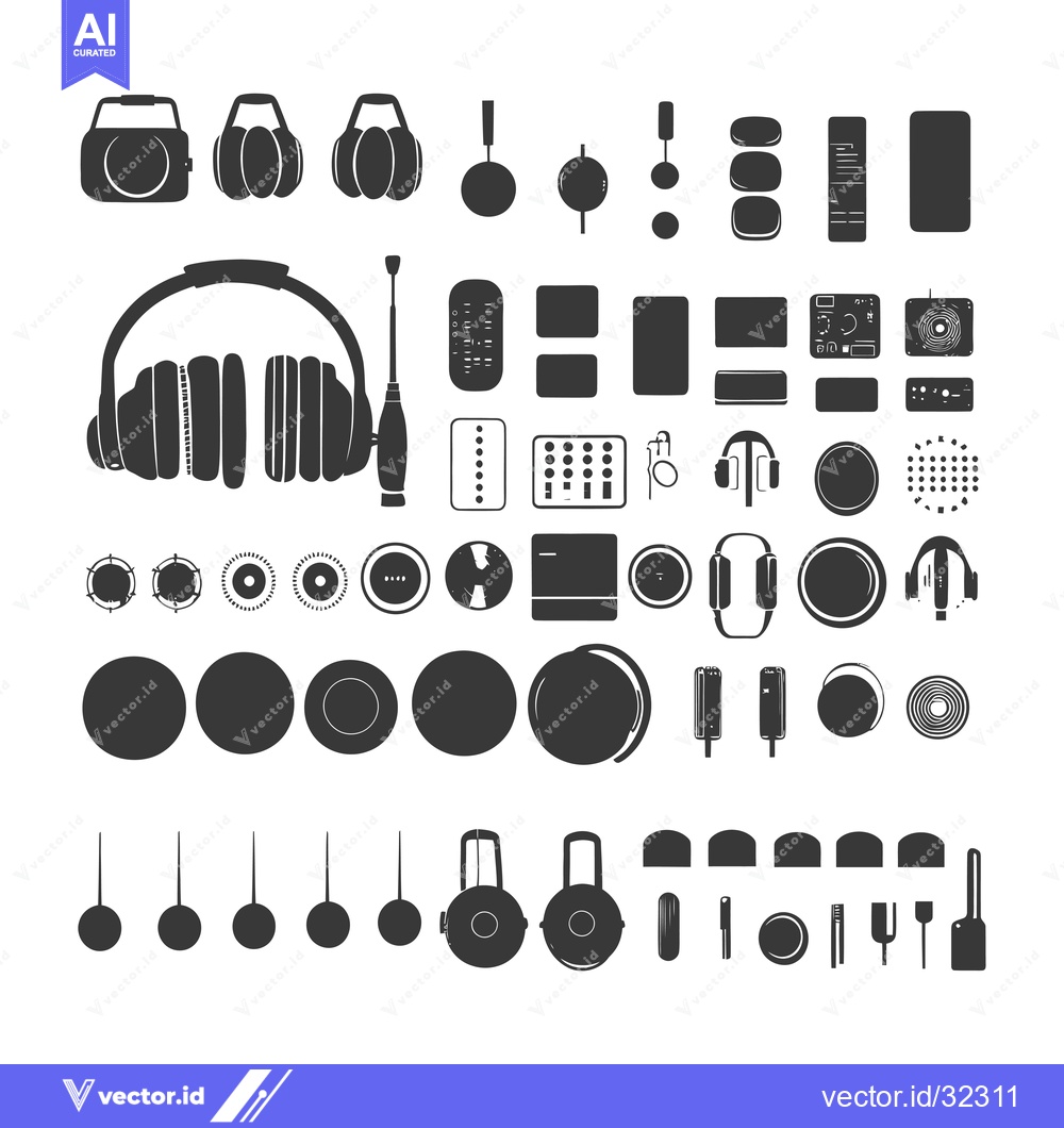 Premium Vector of Collection of Audio Equipment and Accessories Icons in Black Silhouett