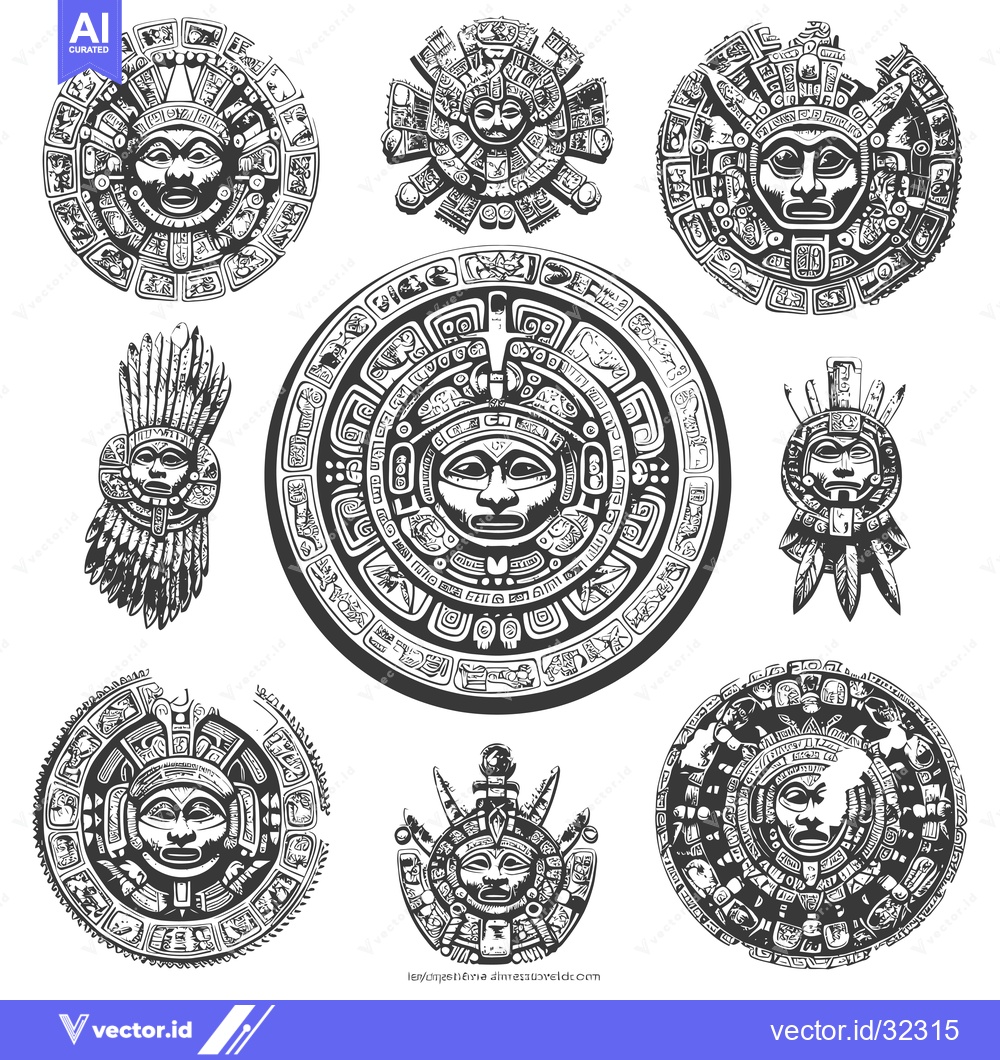 Premium Vector dari Collection of Aztec and Mayan Deity Masks with Intricate Designs
