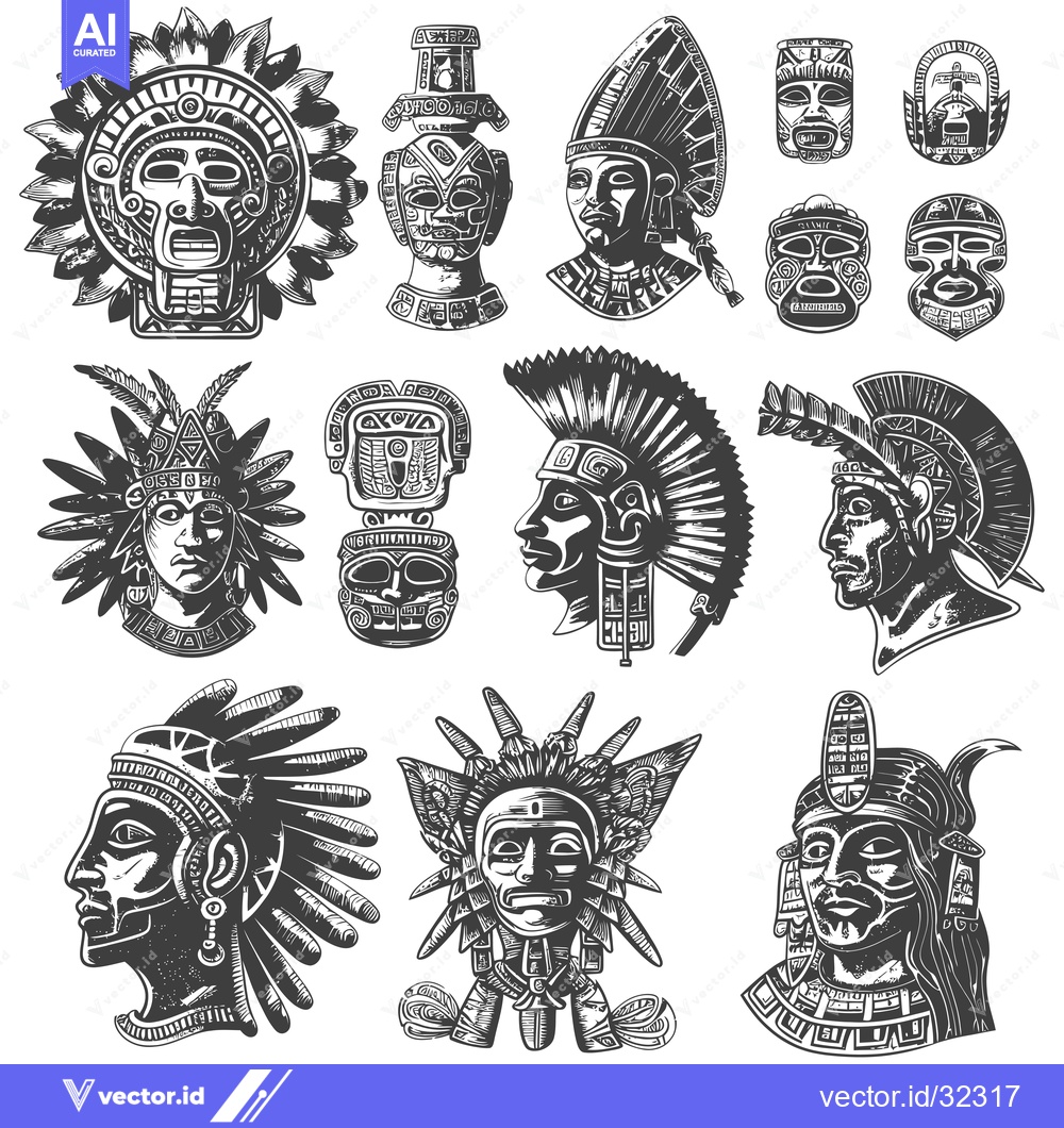 Premium Vector of Collection of Aztec and Mayan Masks and Faces