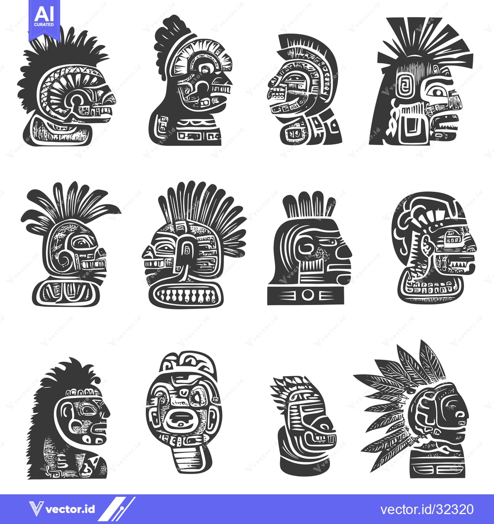 Premium Vector dari Collection of Aztec-Inspired Head Designs in Black and White