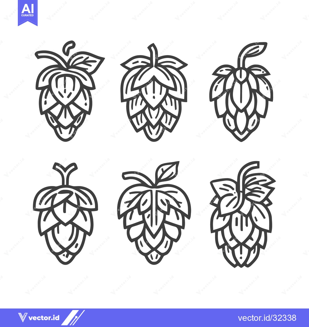 Premium Vector of Six stylized hop cones in black and white line art.