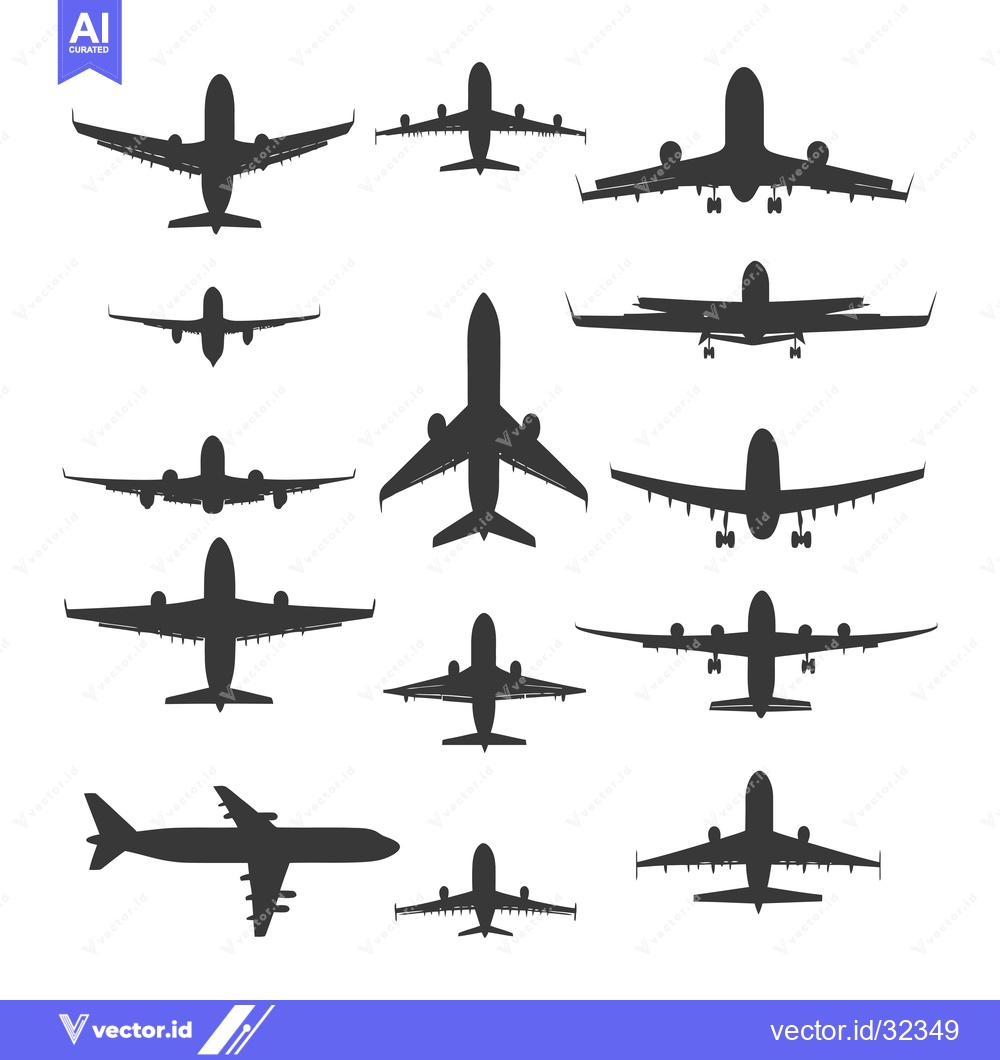 Premium Vector dari Collection of Black Airplane Silhouettes in Various Positions