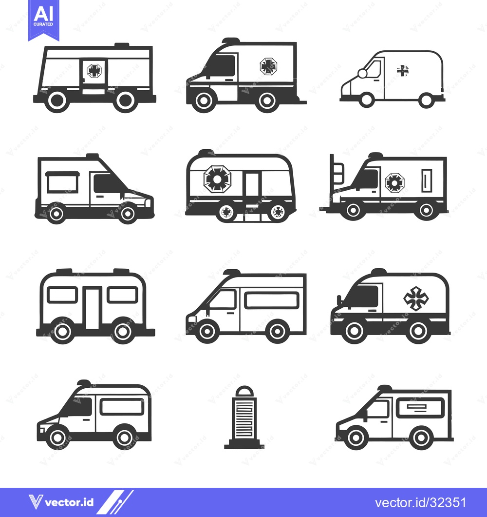 Premium Vector of Collection of Black and White Ambulance Vehicle Icons