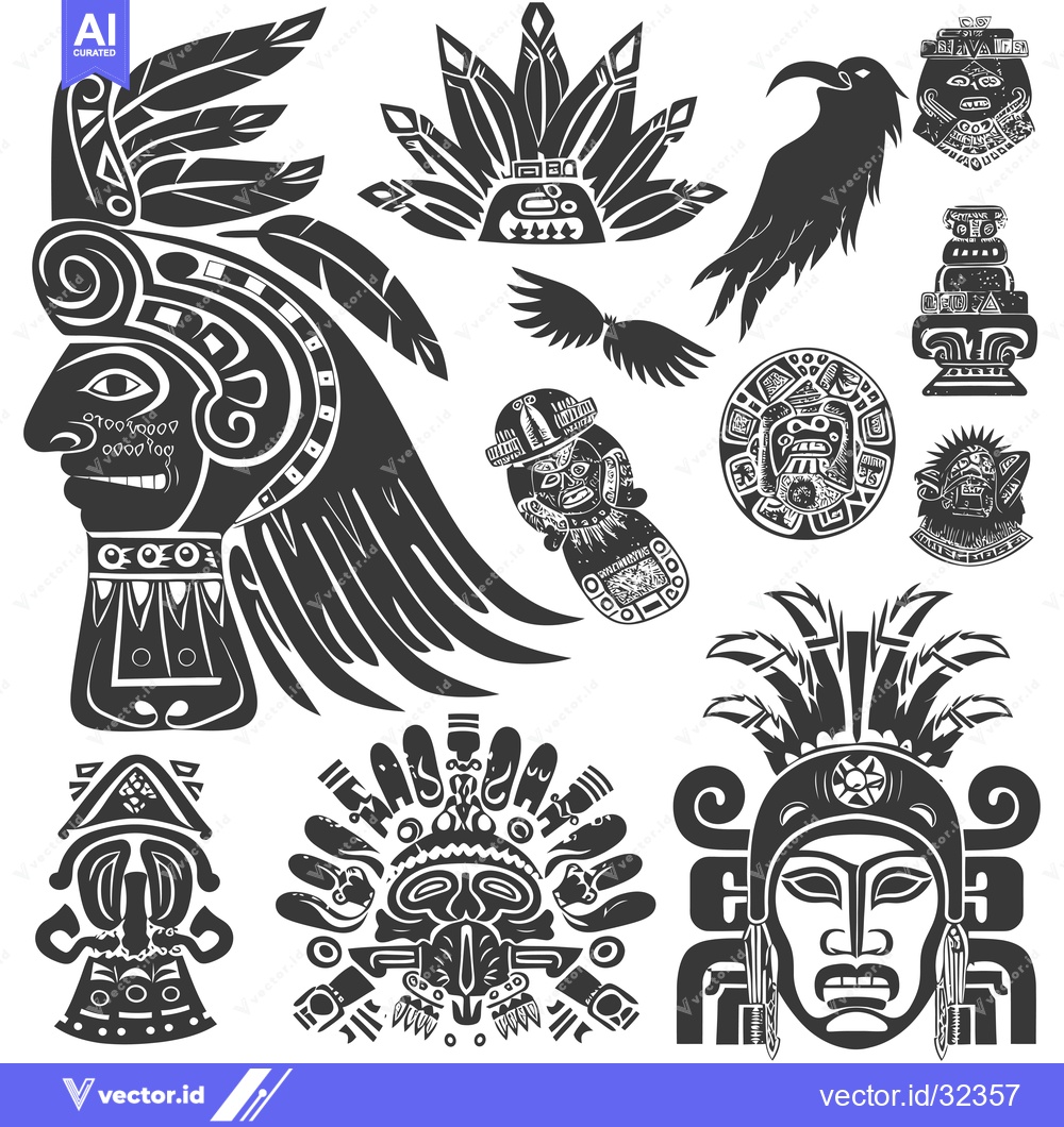 Premium Vector of Collection of Black and White Aztec-Inspired Design Elements