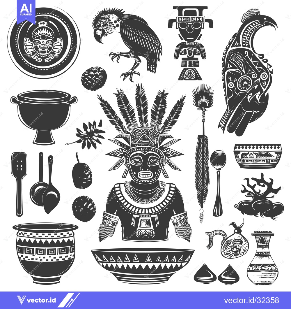 Premium Vector dari Collection of Black and White Aztec-Inspired Illustrations