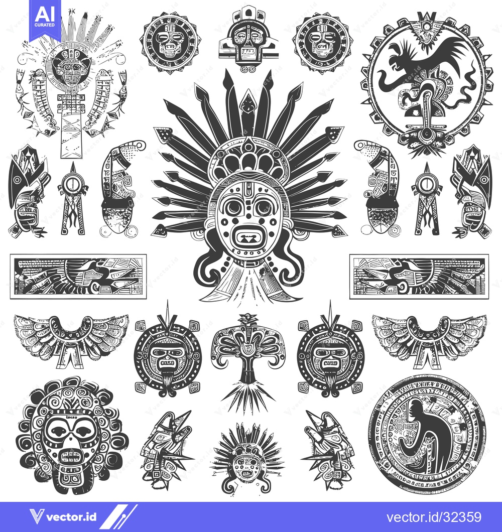 Premium Vector of Collection of Black and White Aztec Inspired Tribal Art Designs