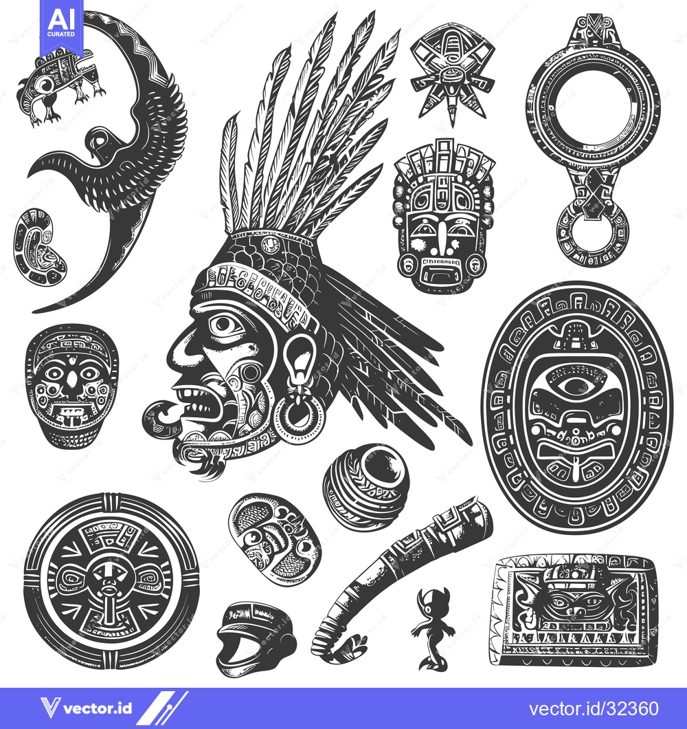 Premium Vector dari Collection of Black and White Aztec-Style Illustrations