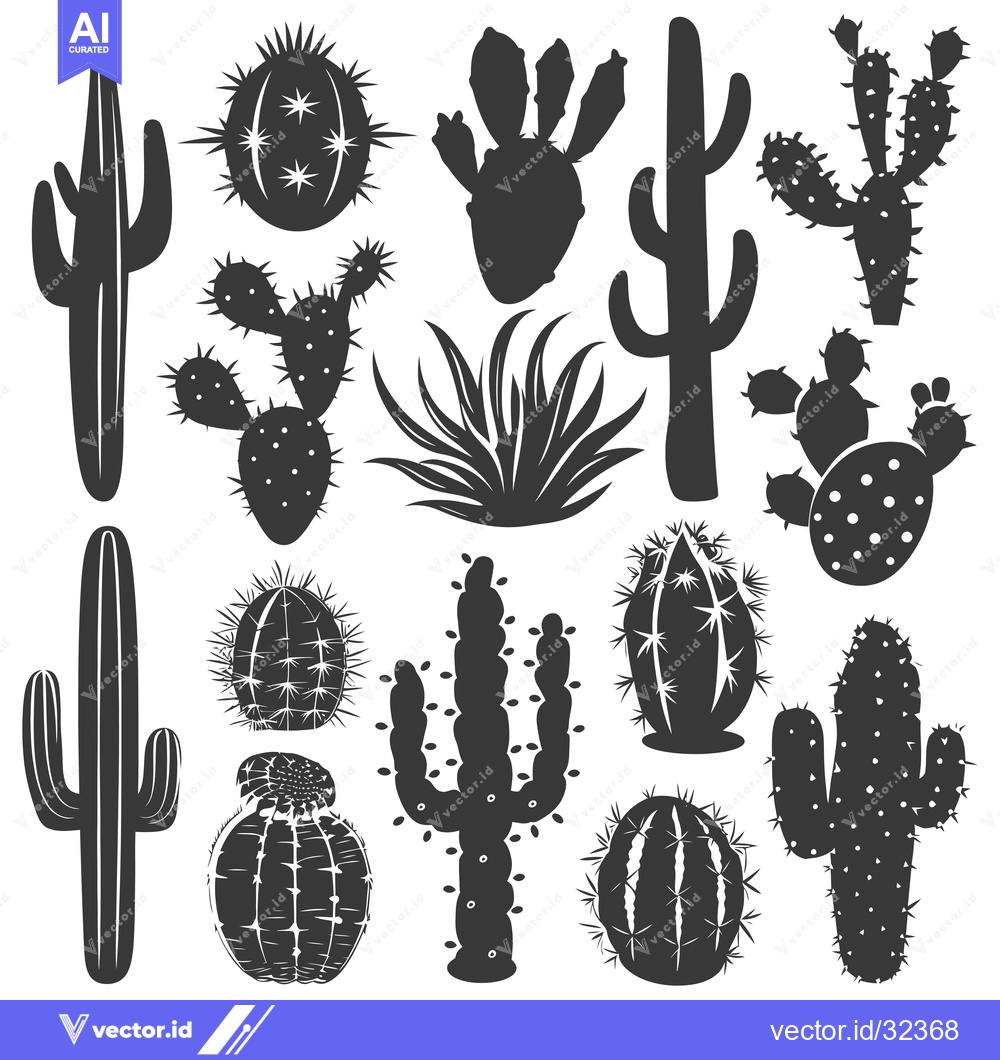 Premium Vector of Collection of Black and White Cactus Silhouettes