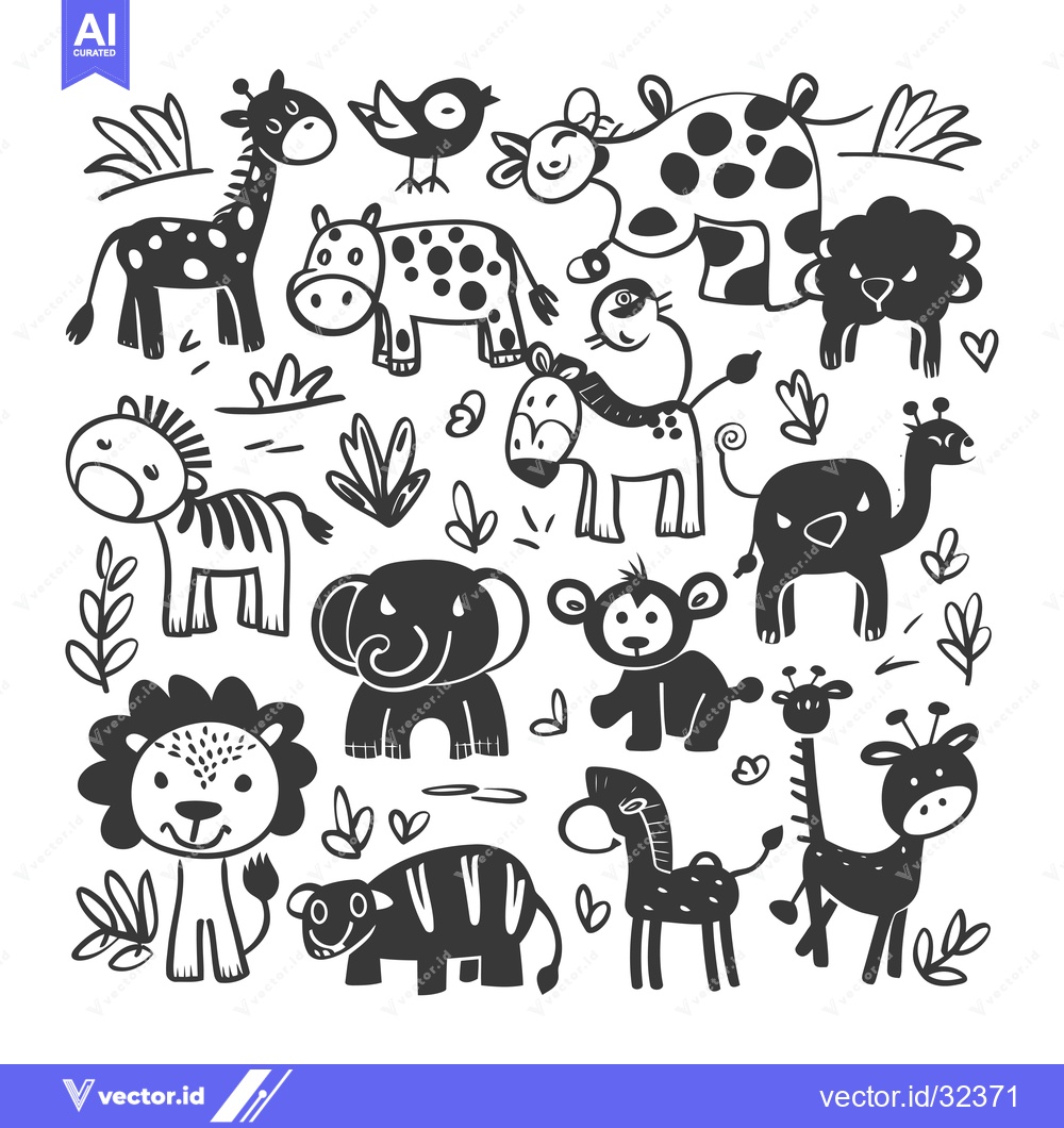 Premium Vector of Collection of Black and White Cartoon Animal Illustrations