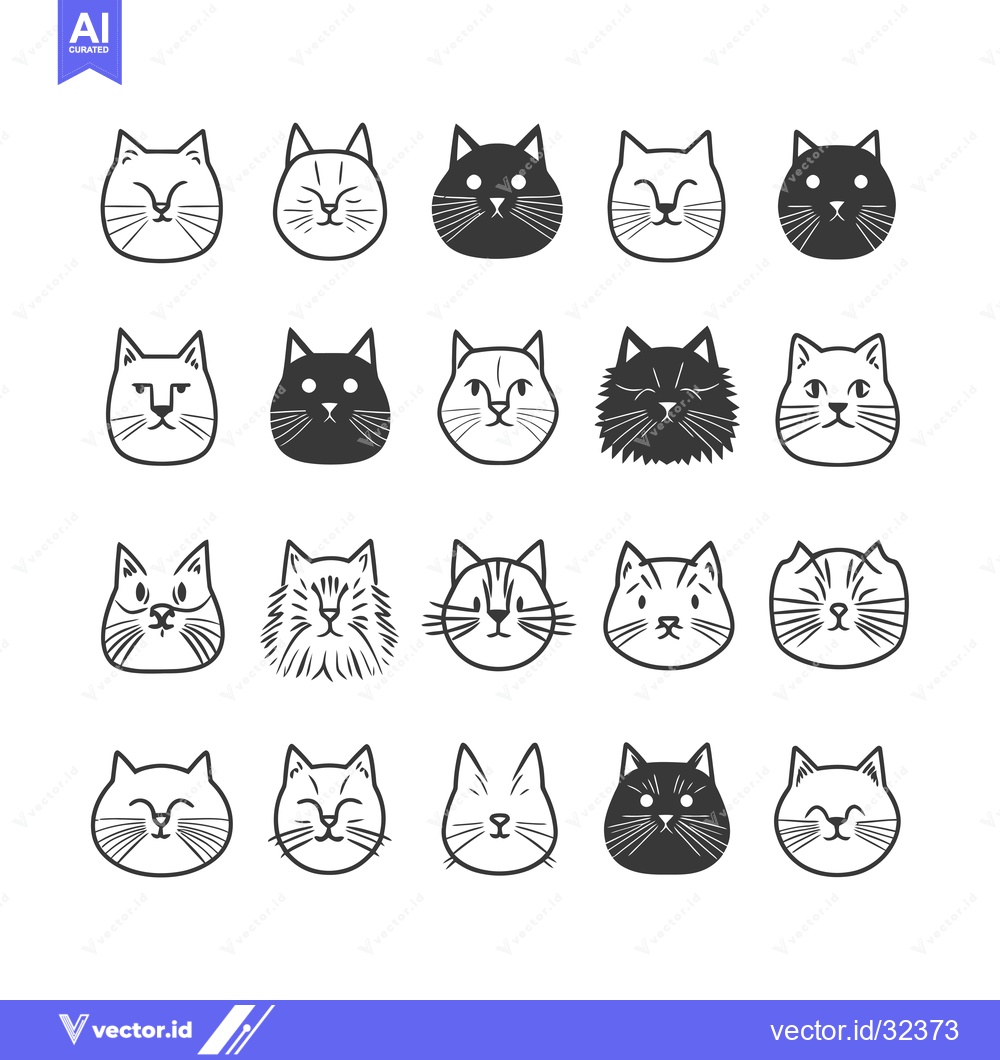 Premium Vector dari Collection of Black and White Cat Faces in Various Expressions