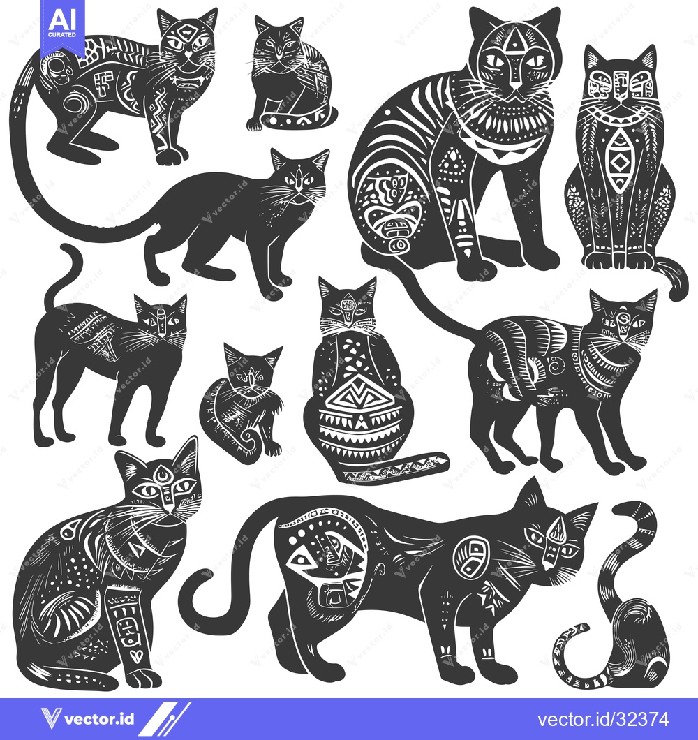 Premium Vector of Collection of Black and White Cats with Tribal Patterns