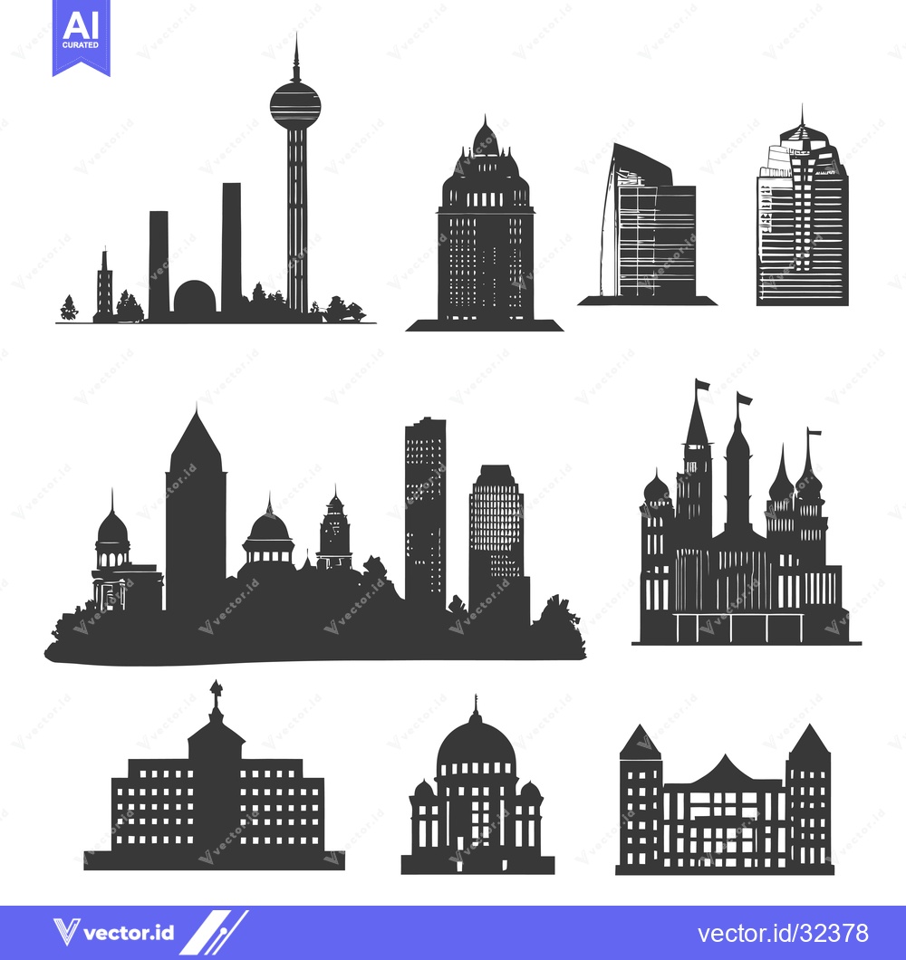 Premium Vector of Collection of Black and White City Skyline Silhouettes