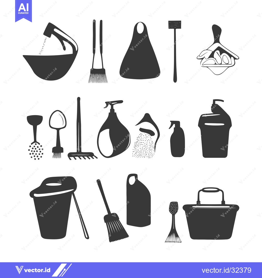 Premium Vector of Collection of Black and White Cleaning Supplies Icons