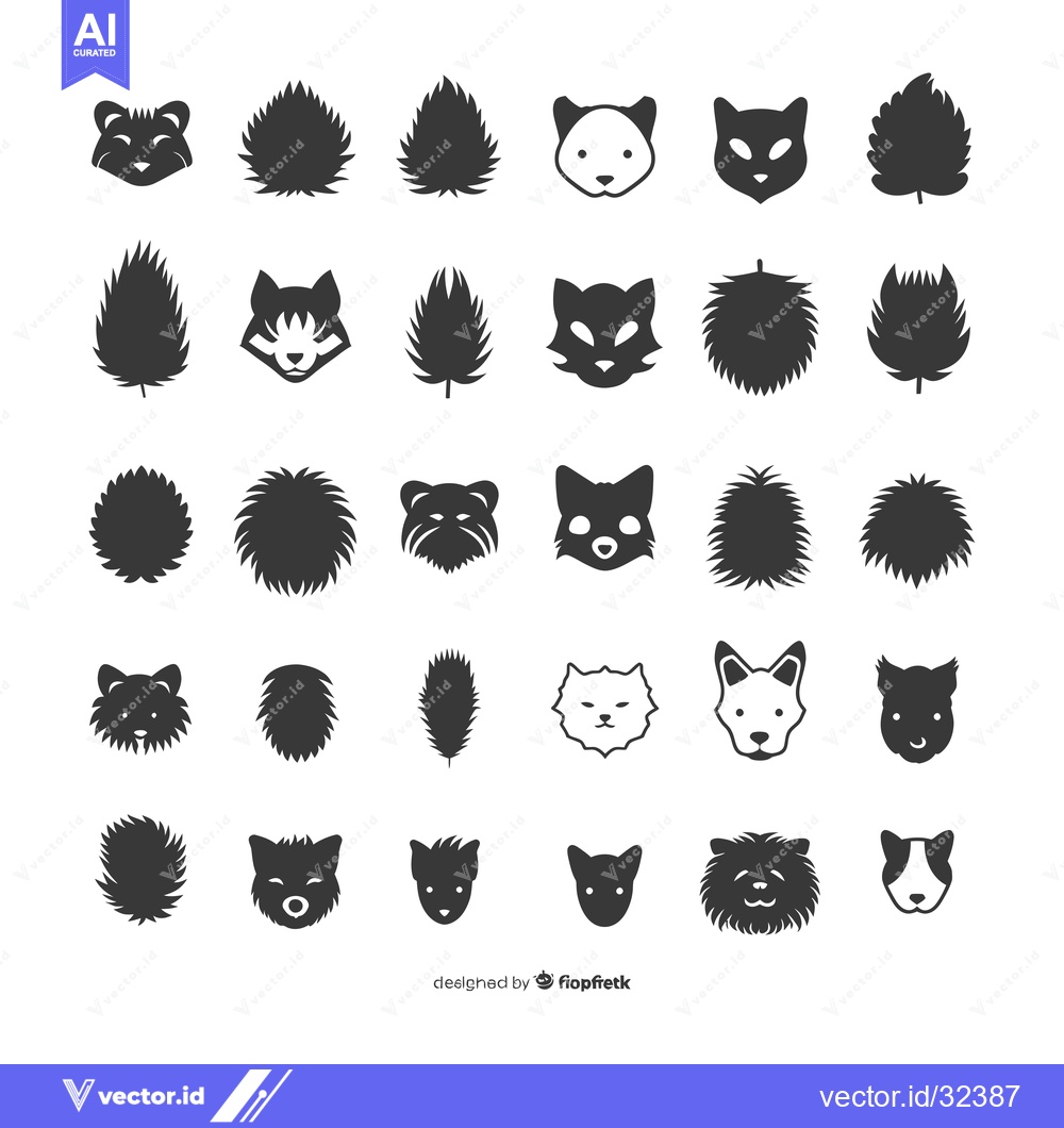 Premium Vector of Collection of Black and White Dog and Wolf Heads and Fur Silhouettes