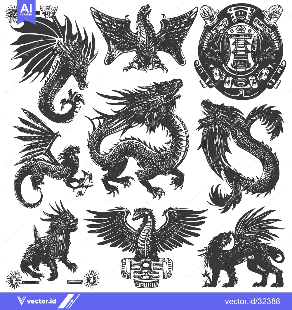 Premium Vector dari Collection of Black and White Dragon and Griffin Illustrations