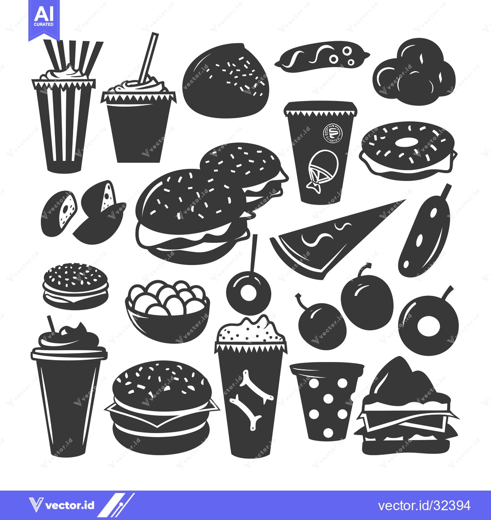 Premium Vector of Collection of Black and White Fast Food Icons
