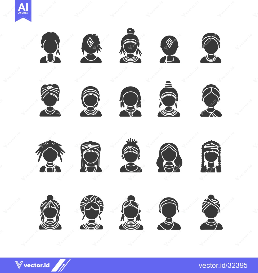 Premium Vector dari Collection of Black and White Female Avatar Icons with Traditional Hai