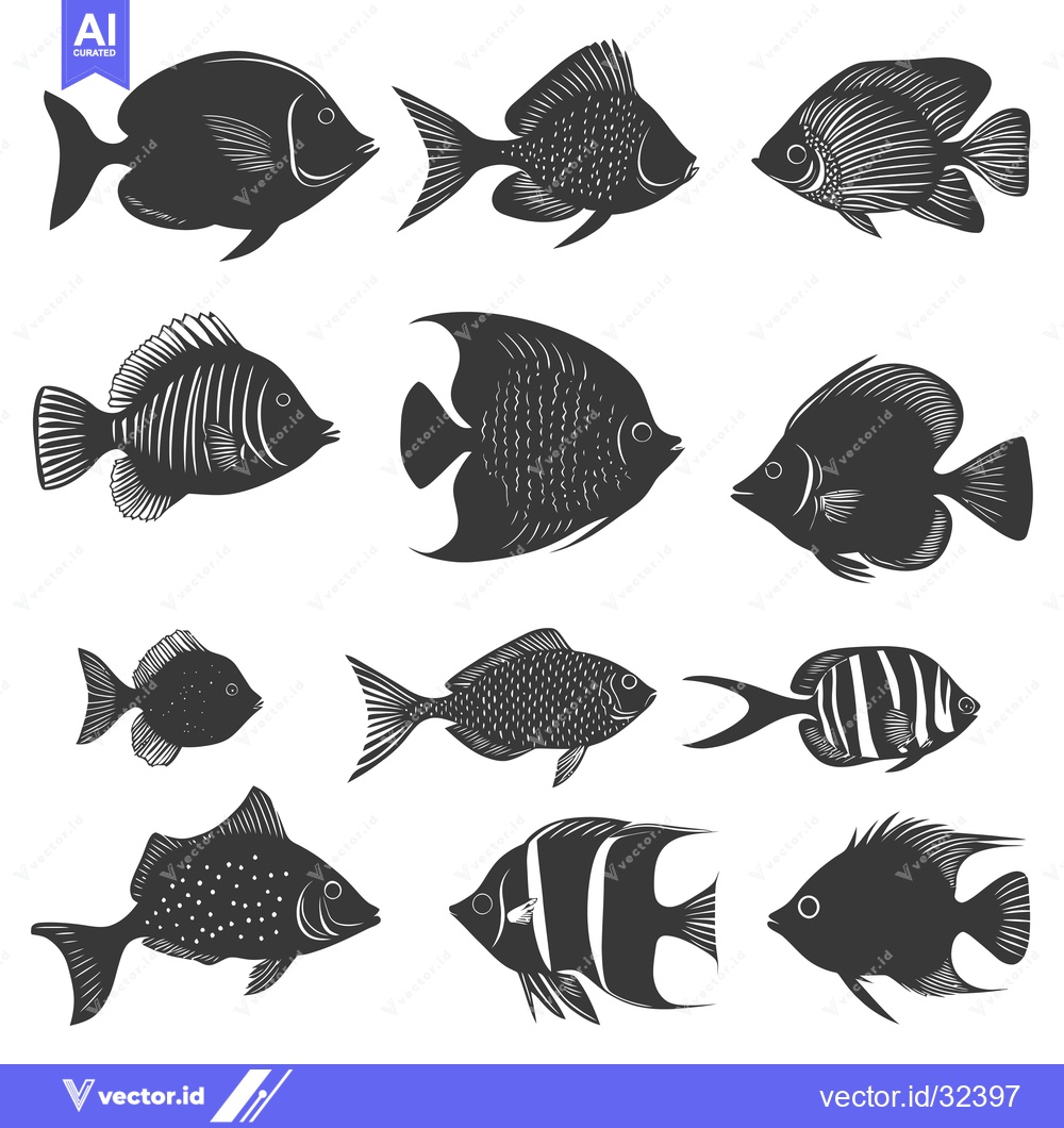 Premium Vector dari Collection of Black and White Fish Silhouettes