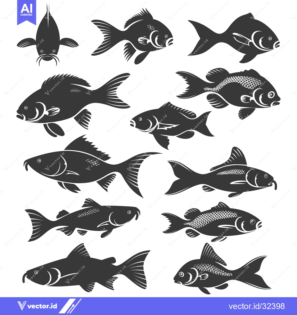 Premium Vector of Collection of Black and White Fish Silhouettes