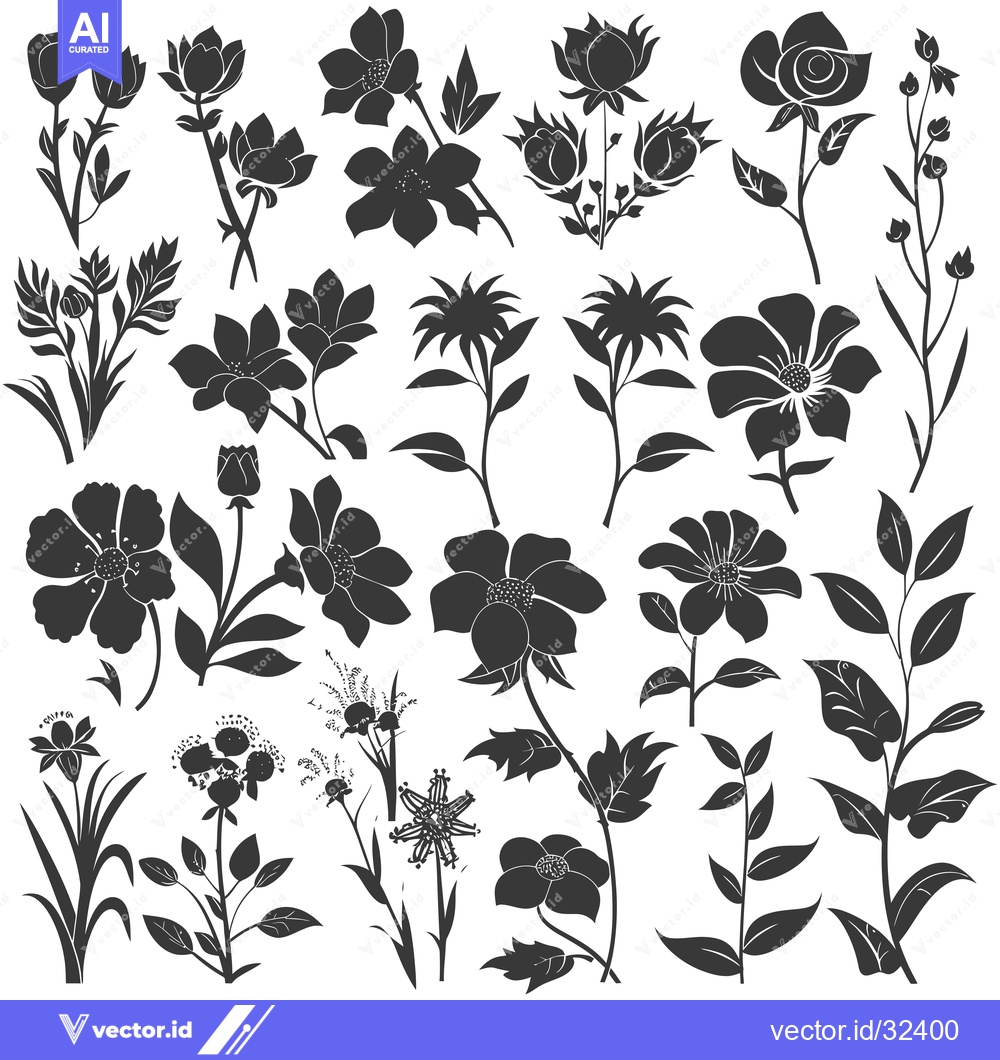 Premium Vector dari Collection of Black and White Floral Silhouettes