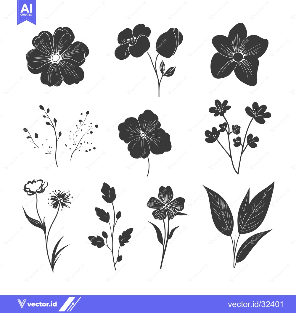 Premium Vector dari Collection of Black and White Floral Silhouettes