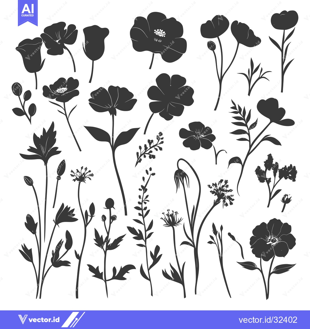 Premium Vector of Collection of Black and White Floral Silhouettes