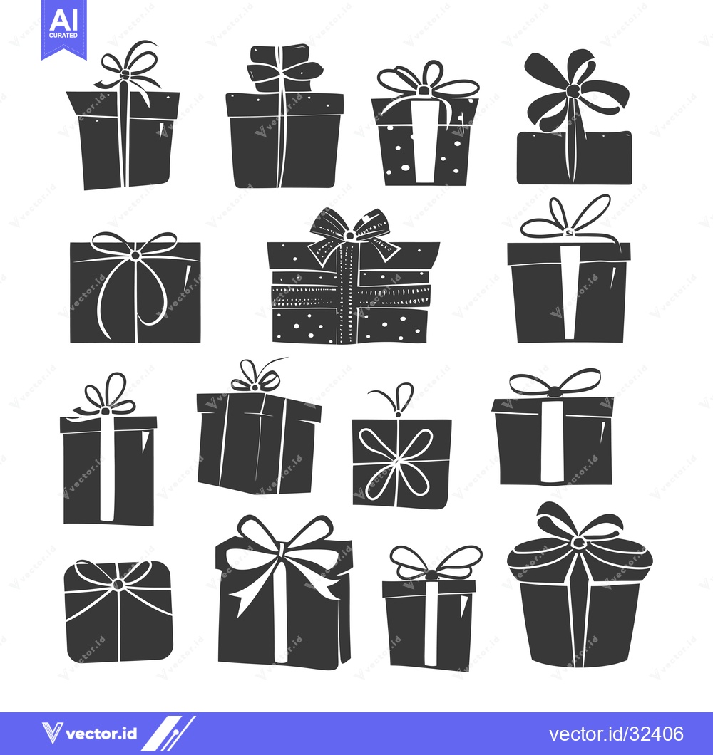 Premium Vector dari Collection of Black and White Gift Box Silhouettes with Ribbon Bows