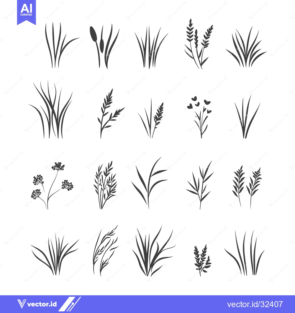 Premium Vector dari Collection of Black and White Grass and Wildflower Silhouettes
