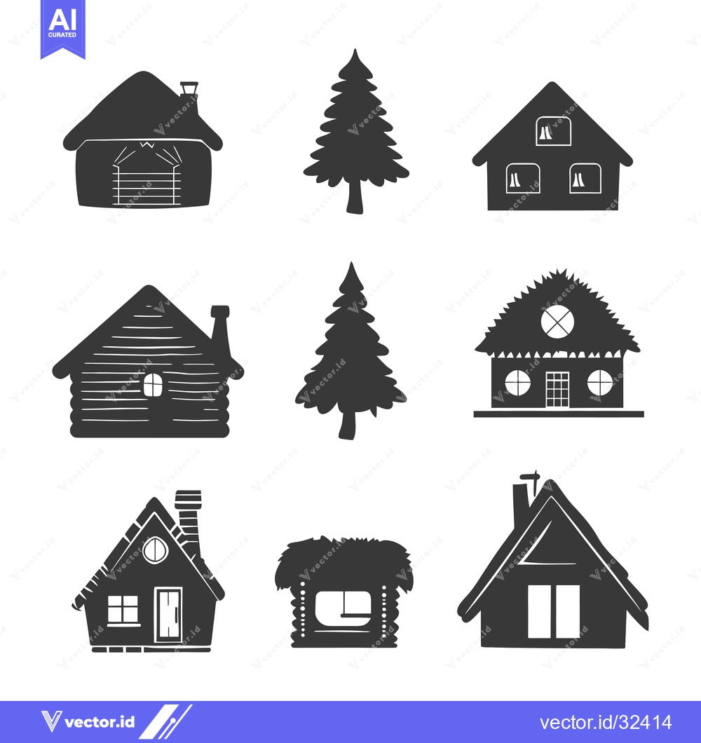 Premium Vector dari Collection of Black and White Hand-Drawn House and Tree Silhouettes