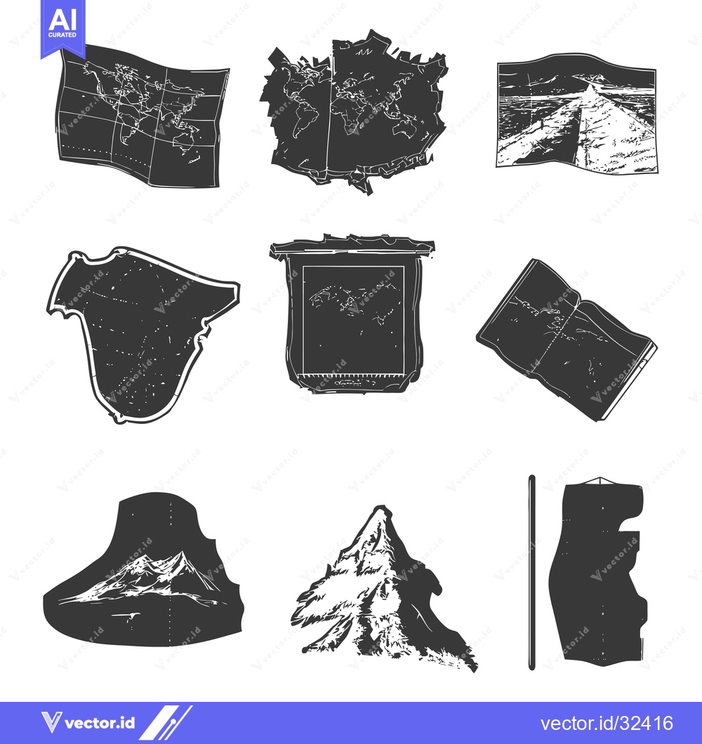 Premium Vector dari Collection of Black and White Hand Drawn Maps and Mountains