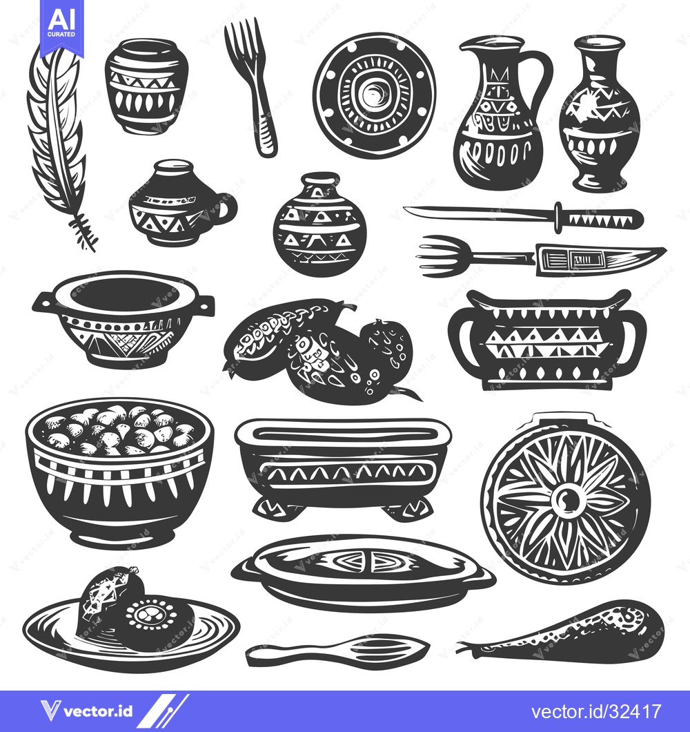 Premium Vector dari Collection of Black and White Hand-Drawn Pottery, Food, and Utensils