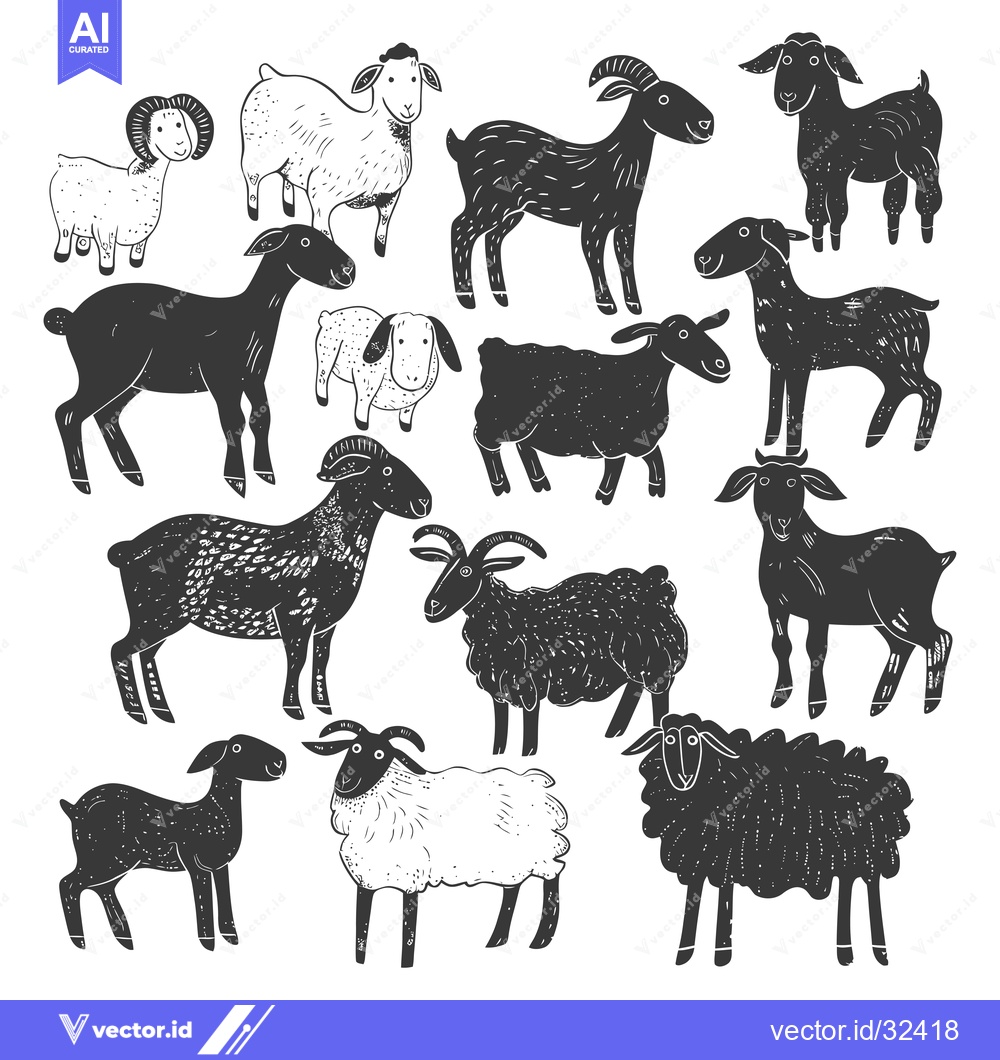 Premium Vector of Collection of Black and White Hand-Drawn Sheep and Goats