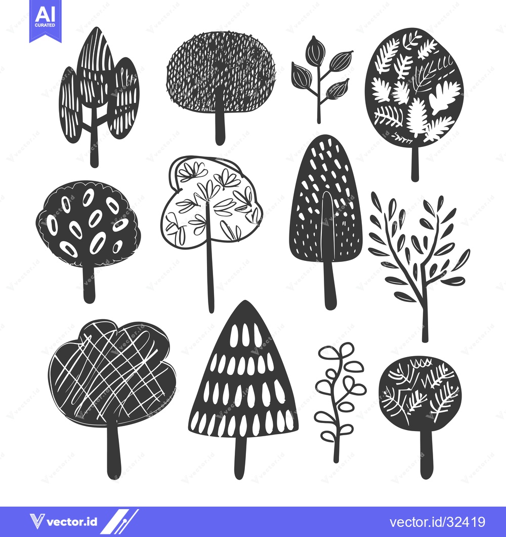Premium Vector of Collection of Black and White Hand-Drawn Trees and Branches