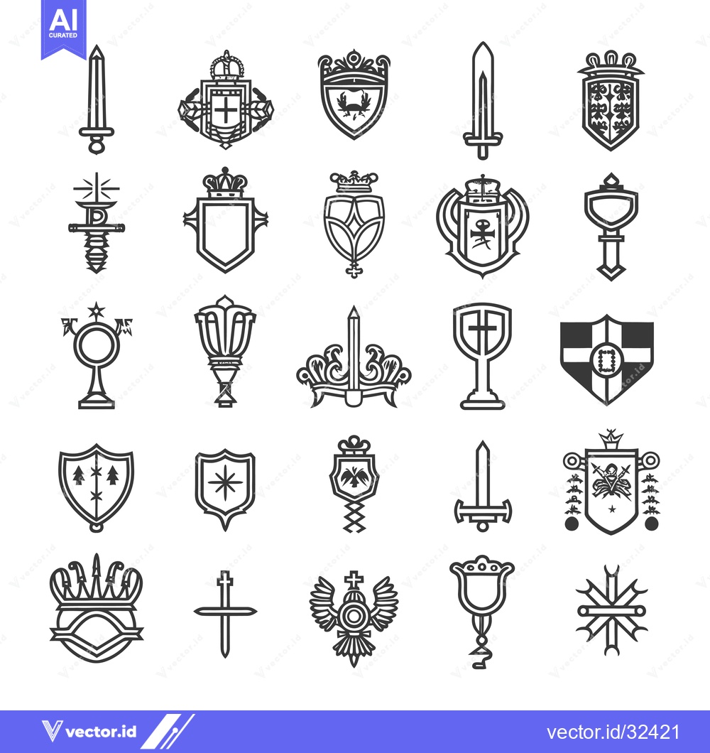 Premium Vector of Collection of Black and White Heraldic Symbols