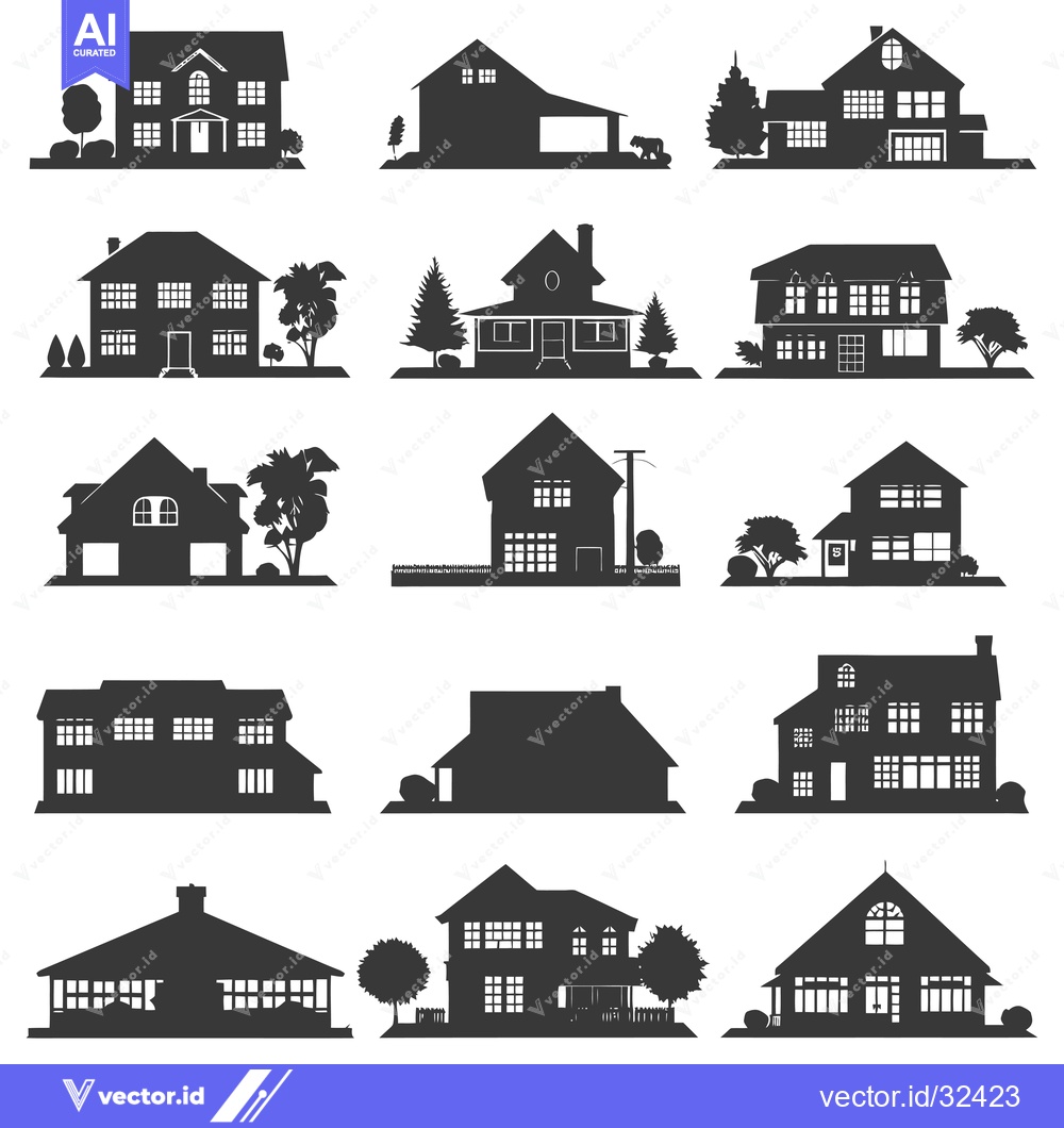 Premium Vector dari Collection of Black and White House Silhouettes with Landscapes