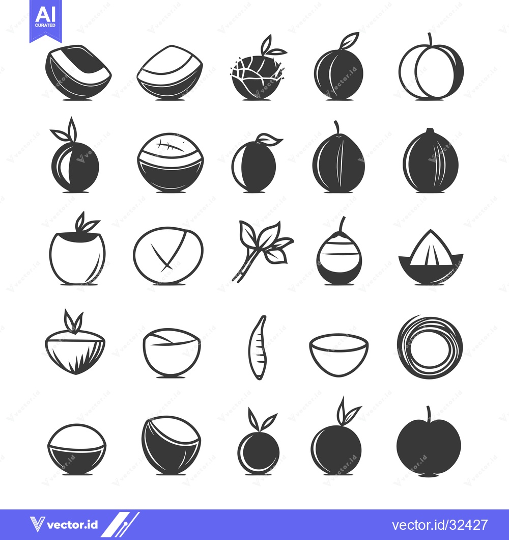 Premium Vector of Collection of Black and White Icons Depicting Coconuts and Other Fruit